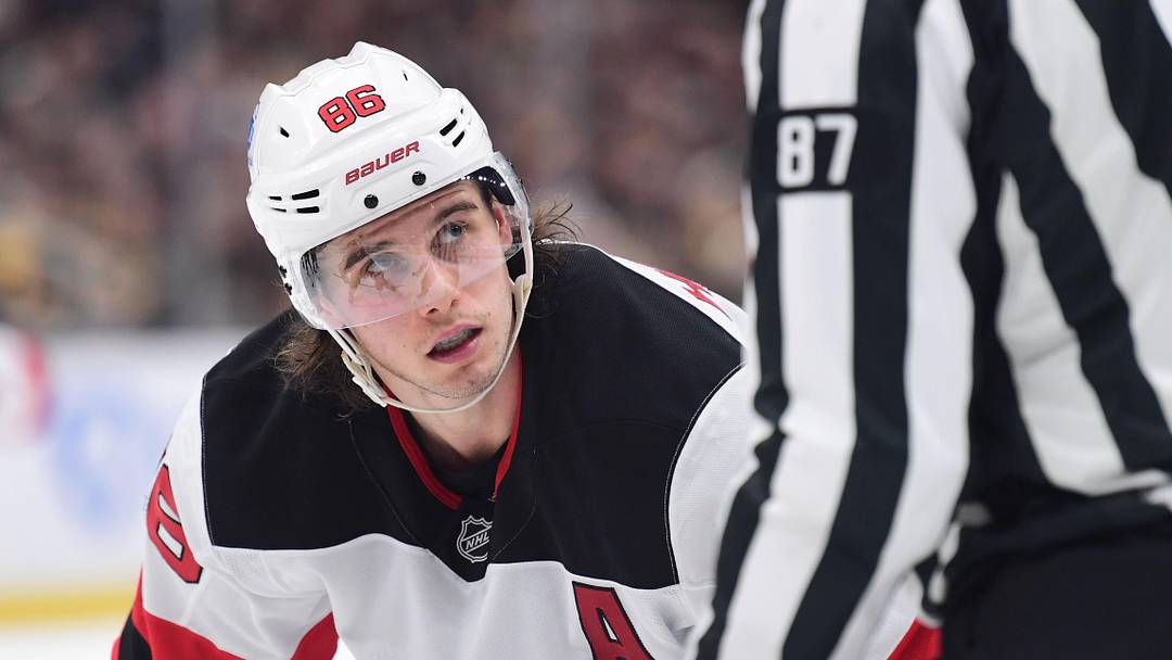 Apr 14, 2026; Boston, Massachusetts, USA; New Jersey Devils center Jack Hughes (86) looks at the linesman before a face-off during the second period against the Boston Bruins at TD Garden. Mandatory Credit: Bob DeChiara-Imagn Images