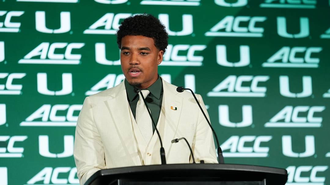 Jul 15, 2026; Charlotte, NC, USA;  Miami quarterback Darian Mensah speaks to the media during ACC Media Days at Hilton Charlotte Uptown. Mandatory Credit: Jim Dedmon-Imagn Images