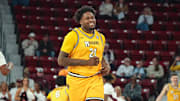 Feb 1, 2025; Starkville, Mississippi, USA; Missouri Tigers center Peyton Marshall (21) reacts after a dunk against the Mississippi State Bulldogs during the second half at Humphrey Coliseum. Mandatory Credit: Wesley Hale-Imagn Images