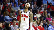Jan 11, 2025; Oxford, Mississippi, USA; Mississippi Rebels guard Dre Davis (14) reacts during the second half against the LSU Tigers at The Sandy and John Black Pavilion at Ole Miss. Mandatory Credit: Petre Thomas-Imagn Images