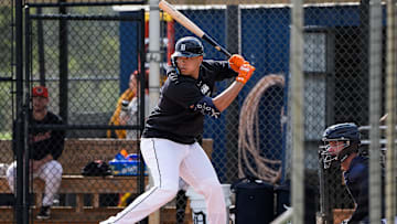 Detroit Tigers catcher Thayron Liranzo bats against pitcher Jake Flaherty during spring training at TigerTown in Lakeland, Fla. on Wednesday, Feb. 19, 2025.