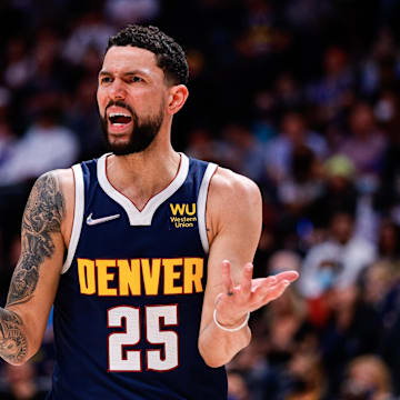 Oct 29, 2021; Denver, Colorado, USA; Denver Nuggets guard Austin Rivers (25) reacts after a call in the fourth quarter against the Dallas Mavericks at Ball Arena. Mandatory Credit: Isaiah J. Downing-Imagn Images