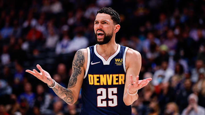 Oct 29, 2021; Denver, Colorado, USA; Denver Nuggets guard Austin Rivers (25) reacts after a call in the fourth quarter against the Dallas Mavericks at Ball Arena. Mandatory Credit: Isaiah J. Downing-Imagn Images