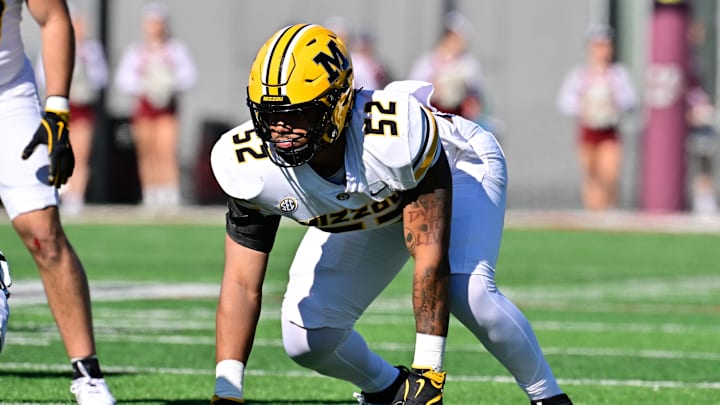 Oct 12, 2024; Amherst, Massachusetts, USA; Missouri Tigers defensive end Jahkai Lang (52) lines up against the Massachusetts Minutemen during the second half at Warren McGuirk Alumni Stadium. Mandatory Credit: Eric Canha-Imagn Images Oct 12, 2024; Amherst, Massachusetts, USA; Missouri Tigers defensive end Jahkai Lang (52) lines up against the Massachusetts Minutemen during the second half at Warren McGuirk Alumni Stadium. Mandatory Credit: Eric Canha-Imagn Images