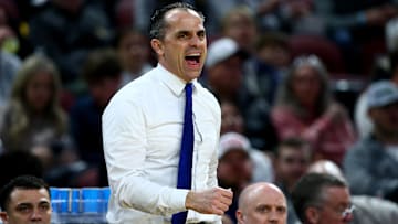 Mar 20, 2025; Wichita, KS, USA; Drake Bulldogs head coach Ben McCollum in the first half of a first round men’s NCAA Tournament game against the Missouri Tigers at Intrust Bank Arena. Mandatory Credit: Nick Tre. Smith-Imagn Images