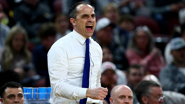 Mar 20, 2025; Wichita, KS, USA; Drake Bulldogs head coach Ben McCollum in the first half of a first round men’s NCAA Tournament game against the Missouri Tigers at Intrust Bank Arena. Mandatory Credit: Nick Tre. Smith-Imagn Images