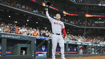 Houston, Texas, USA; Boston Red Sox third baseman Alex Bregman (2) waves to the crowd after being honored with a video tribute before the game against the Houston Astros at Daikin Park.