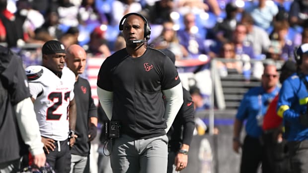 Oct 5, 2025; Baltimore, Maryland, USA; Houston Texans head coach Demeco Ryans stands on the sidelines during the third quarte