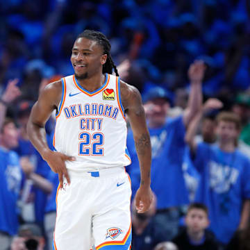 Thunder guard Cason Wallace (22) celebrates after making a 3-pointer during a 117-95 win in Game 1 of the Western Conference semifinals against the Mavericks on May 7 at Paycom Center.