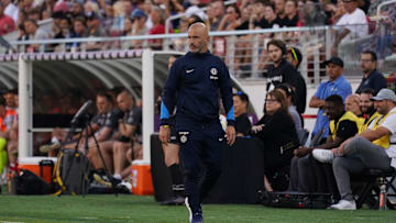 Jul 24, 2024; Santa Clara, CA, USA;  Chelsea head coach Enzo Maresca watches the action during a match against Wrexham at Levi's Stadium. Mandatory Credit: David Gonzales-Imagn Images