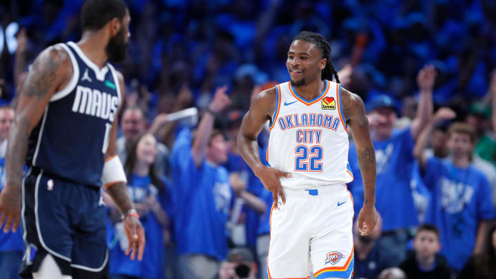 Thunder guard Cason Wallace (22) celebrates after making a 3-pointer during a 117-95 win in Game 1 of the Western Conference semifinals against the Mavericks on May 7 at Paycom Center.