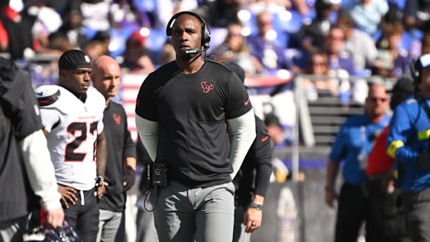 Oct 5, 2025; Baltimore, Maryland, USA; Houston Texans head coach Demeco Ryans stands on the sidelines during the third quarte
