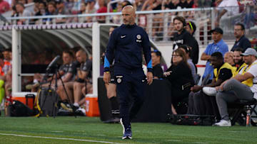 Jul 24, 2024; Santa Clara, CA, USA;  Chelsea head coach Enzo Maresca watches the action during a match against Wrexham at Levi's Stadium. Mandatory Credit: David Gonzales-Imagn Images