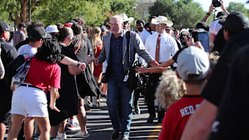 Sep 28, 2024; Lubbock, Texas, USA;  Texas Tech Red Raiders head coach Joey McGuire greets fans before the game between the Cincinnati Bearcats and the Texas Tech Red Raiders at Jones AT&T Stadium and Cody Campbell Field. Mandatory Credit: Michael C. Johnson-Imagn Images