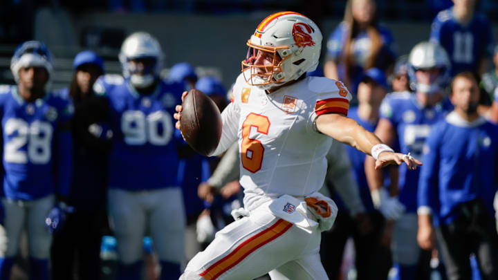 Buccaneers quarterback Baker Mayfield jawed with a fan before and after their win over the Seahawks on Sunday.