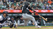 Chicago White Sox outfielder Andrew Benintendi (23) hits against the Detroit Tigers at Comerica Park. 