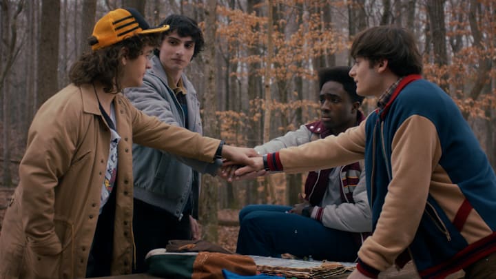STRANGER THINGS. (L to R) Gaten Matarazzo as Dustin Henderson, Finn Wolfhard as Mike Wheeler, Caleb McLaughlin as Lucas Sinclair, and Noah Schnapp as Will Byers in STRANGER THINGS