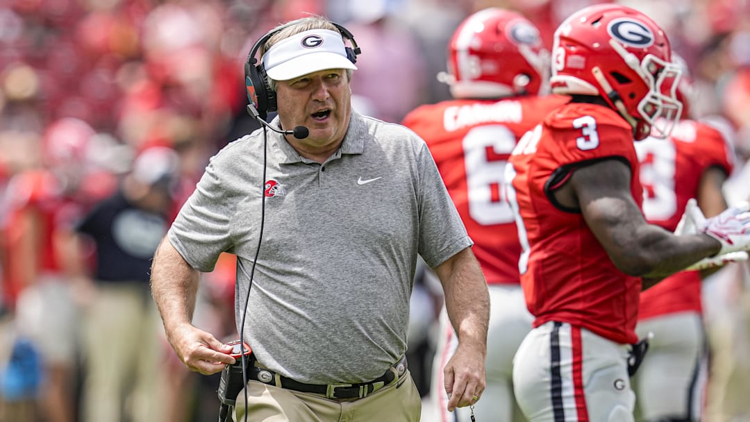 Apr 18, 2026; Athens, GA, USA; Georgia Bulldogs head coach Kirby Smart shown on the field during the Georgia Spring football game at Sanford Stadium. Mandatory Credit: Dale Zanine-Imagn Images