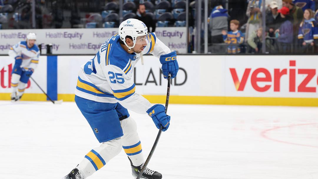 Apr 16, 2026; Salt Lake City, Utah, USA; St. Louis Blues right wing Jordan Kyrou (25) warms up before a game against the Utah Mammoth at Delta Center. Mandatory Credit: Rob Gray-Imagn Images