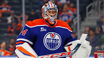 Sep 24, 2025; Edmonton, Alberta, CAN; Edmonton Oilers goaltender Stuart Skinner (74) skates between whistles in a game against the Seattle Kraken at Rogers Place. Mandatory Credit: Perry Nelson-Imagn Images