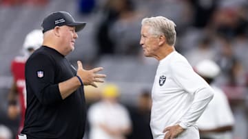 Las Vegas Raiders offensive coordinator Chip Kelly (left) with head coach Pete Carroll Mandatory Credit: Mark J. Rebilas-Imagn Images