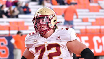 Oct 30, 2021; Syracuse, New York, USA; Boston College Eagles offensive lineman Alec Lindstrom (72) warms up prior to a game against the Syracuse Orange at the Carrier Dome. Mandatory Credit: Mark Konezny-Imagn Images