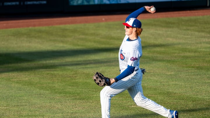 Iowa Cubs' Owen Caissie warms up in the outfield during a game against the Toledo Mud Hens at Principal Park on Tuesday, April 2, 2024, in Des Moines.