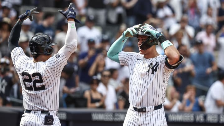 Aug 25, 2024; Bronx, New York, USA;  New York Yankees center fielder Aaron Judge (99) celebrates with right fielder Juan Soto (22) after hitting a solo home run in the seventh inning against the Colorado Rockies at Yankee Stadium. Mandatory Credit: Wendell Cruz-USA TODAY Sports