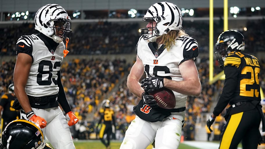 Cincinnati Bengals wide receiver Trenton Irwin (16) celebrates a touchdown catch with Cincinnati Bengals wide receiver Tyler Boyd (83) in the third quarter during a Week 11 NFL game, Sunday, Nov. 20, 2022, at Acrisure Stadium in Pittsburgh, Pa. The Cincinnati Bengals won, 37-30.

Nfl Cincinnati Bengals At Pittsburgh Steelers Nov 20 0196 | Kareem Elgazzar/The Enquirer / USA TODAY NETWORK