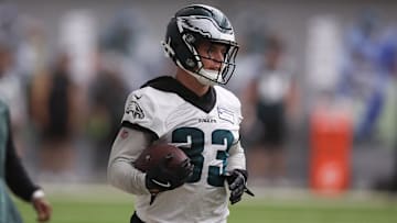 May 28, 2025; Philadelphia, PA, USA; Philadelphia Eagles cornerback Cooper DeJean (33) looks on during OTAs at NovaCare Complex. Mandatory Credit: Bill Streicher-Imagn Images