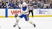 Dec 29, 2024; St. Louis, Missouri, USA;  Buffalo Sabres defenseman Rasmus Dahlin (26) shoots against the St. Louis Blues during the first period at Enterprise Center. Mandatory Credit: Jeff Curry-Imagn Images