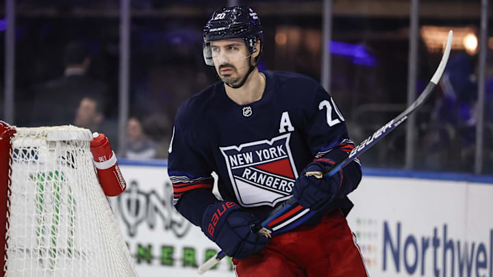 Dec 14, 2024; New York, New York, USA;  New York Rangers left wing Chris Kreider (20) at Madison Square Garden. Mandatory Credit: Wendell Cruz-Imagn Images