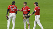 Sep 24, 2025; Cleveland, Ohio, USA; The Cleveland Guardians celebrate a win over the Detroit Tigers at Progressive Field. Mandatory Credit: David Richard-Imagn Images