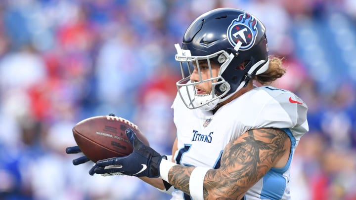 Sep 19, 2022; Orchard Park, New York, USA; Tennessee Titans fullback Tory Carter (44) warms up before a game against the Buffalo Bills at Highmark Stadium. Mandatory Credit: Mark Konezny-USA TODAY Sports