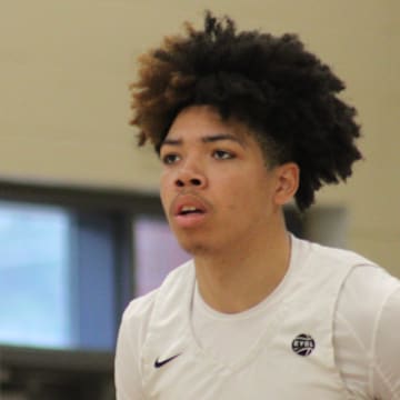 Tyran Stokes stands on the court during an AAU basketball game July 5, 2023, at the Nike EYBL Peach Jam in North Augusta, S.C. A Louisville native, Stokes transferred to California's Prolific Prep for high school and is considered one of the top recruits in the Class of 2026.