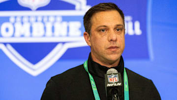 Feb 27, 2024; Indianapolis, IN, USA; Kansas City Chiefs General Manager Brett Veach talks to the media at the 2024 NFL Combine at Indiana Convention Center. Mandatory Credit: Trevor Ruszkowski-Imagn Images