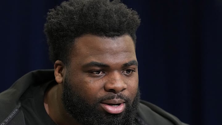 Feb 25, 2026; Indianapolis, IN, USA;  Texas Tech defensive lineman Lee Hunter (DL15) speaks during the NFL Scouting Combine at the Indiana Convention Center. Mandatory Credit: Kirby Lee-Imagn Images