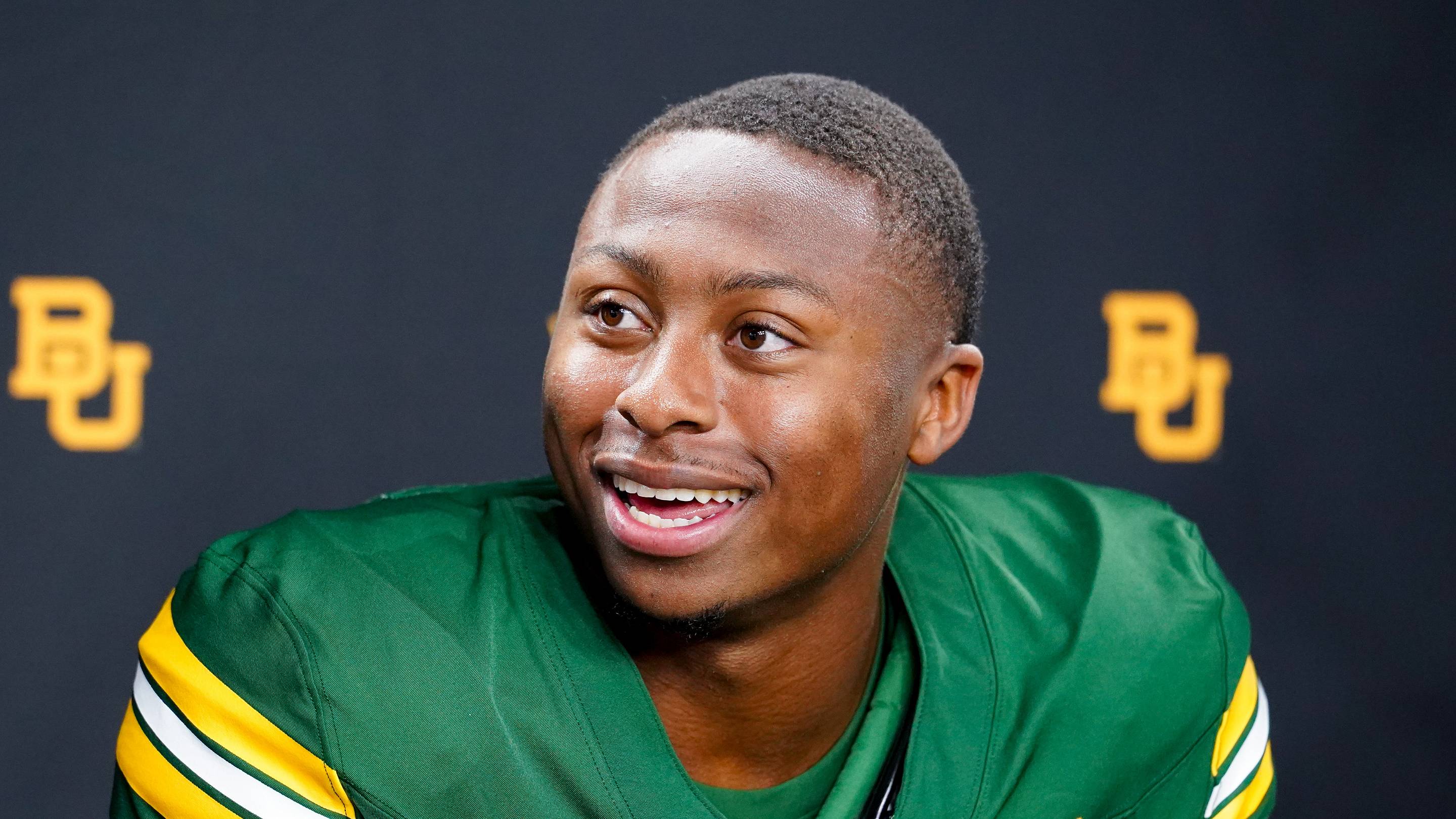 Jul 7, 2026; Frisco, TX, USA; Baylor quarterback DJ Lagway takes questions from reporters during Big 12 Conference Football Media Days at The Star. | IMAGN IMAGES via Reuters Connect