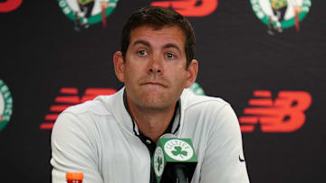 Oct 2, 2023; Boston, Celtics, USA; Boston Celtics president of basketball operations Brad Stevens talks during Boston Celtics Media Day. Mandatory Credit: David Butler II-Imagn Images