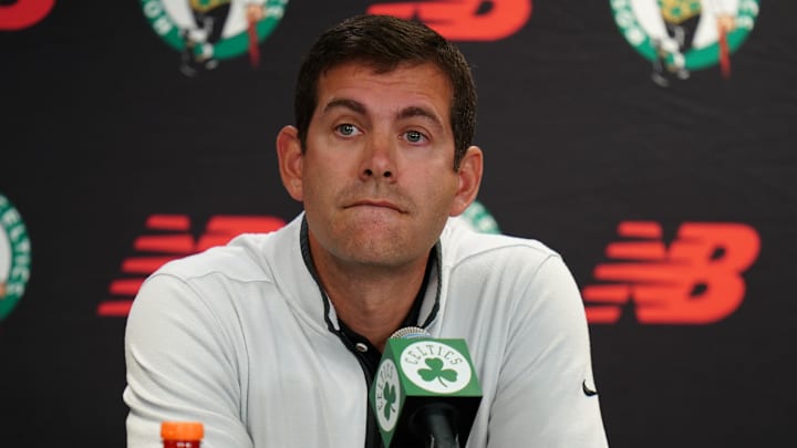 Oct 2, 2023; Boston, Celtics, USA; Boston Celtics president of basketball operations Brad Stevens talks during Boston Celtics Media Day. Mandatory Credit: David Butler II-Imagn Images