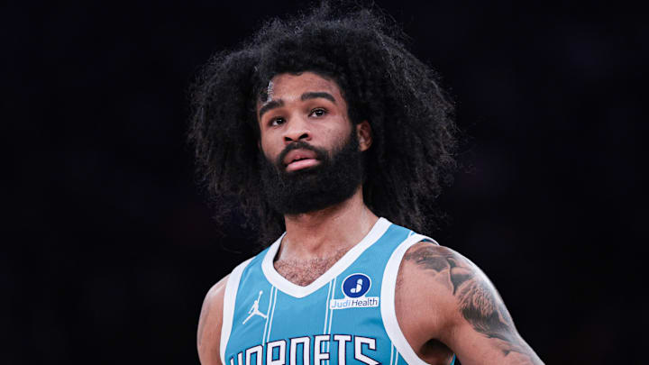 Apr 12, 2026; New York, New York, USA; Charlotte Hornets guard Coby White (3) in action against the New York Knicks during the first half at Madison Square Garden. Mandatory Credit: Vincent Carchietta-Imagn Images