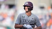 Texas A&M's Jace LaViolette (17) smiles during game three of the NCAA College World Series finals between Tennessee and Texas A&M at Charles Schwab Field in Omaha, Neb., on Monday, June 24, 2024.