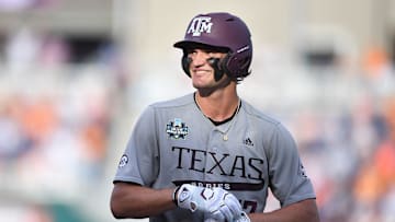 Texas A&M's Jace LaViolette (17) smiles during game three of the NCAA College World Series finals between Tennessee and Texas A&M at Charles Schwab Field in Omaha, Neb., on Monday, June 24, 2024.