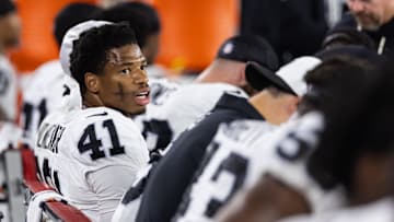 Aug 23, 2025; Glendale, Arizona, USA; Las Vegas Raiders cornerback Greedy Vance (41) against the Arizona Cardinals during a preseason NFL game at State Farm Stadium. Mandatory Credit: Mark J. Rebilas-Imagn Images