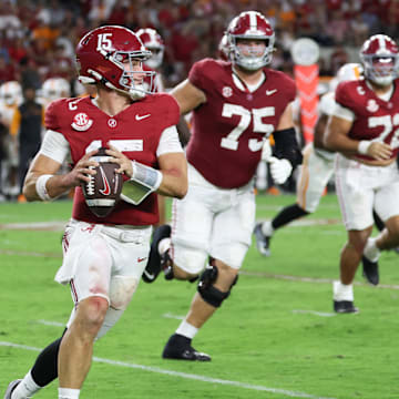 Oct 18, 2025; Tuscaloosa, Alabama, USA; Alabama Crimson Tide quarterback Ty Simpson (15) prepares to throw the ball during the fourth quarter against the Tennessee Volunteers at Saban Field at Bryant-Denny Stadium. Mandatory Credit: David Leong-Imagn Images
