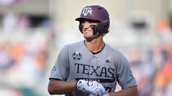 Texas A&M's Jace LaViolette (17) smiles during game three of the NCAA College World Series finals between Tennessee and Texas A&M at Charles Schwab Field in Omaha, Neb., on Monday, June 24, 2024.