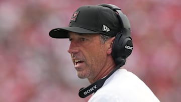 Sep 28, 2025; Santa Clara, California, USA; San Francisco 49ers head coach Kyle Shanahan during the second quarter against the Jacksonville Jaguars at Levi's Stadium. Mandatory Credit: Darren Yamashita-Imagn Images