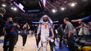 uMay 19, 2024; New York, New York, USA; New York Knicks guard Josh Hart (3) walks off the floor