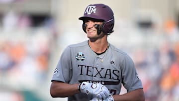 Texas A&M's Jace LaViolette (17) smiles during game three of the NCAA College World Series finals between Tennessee and Texas A&M at Charles Schwab Field in Omaha, Neb., on Monday, June 24, 2024.