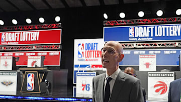 May 12, 2025; Chicago, Illinois, US; NBA Commissioner Adam Silver walk through the audience during the 2025 NBA Draft Lottery at McCormick Place. Mandatory Credit: David Banks-Imagn Images